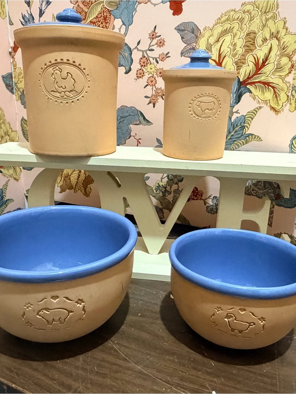 Blue-Trim Ceramic Canisters & Bowls Set